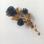 Elegant Vintage Gold Tone Black Rose & Pollinating Bee Brooch Pin Large 3 1/2"