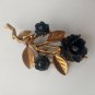 Elegant Vintage Gold Tone Black Rose & Pollinating Bee Brooch Pin Large 3 1/2"
