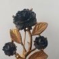 Elegant Vintage Gold Tone Black Rose & Pollinating Bee Brooch Pin Large 3 1/2"