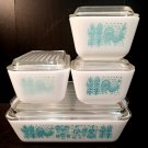 PYREX Turquoise Aqua Amish Butter print 4 piece Refrigerator Dish Set with Lids