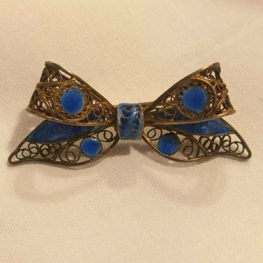 Rare ANTIQUE Filigree 800 Silver Blue Enamel Brooch/Pin Bow Design 1.75 inches
