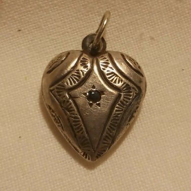 UNIQUE Sterling Puffy Heart Charm/Pendant Ornate Hand Stamped Design 3/4" tall