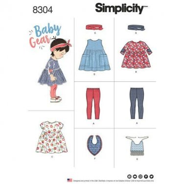 SIMPLICITY Pattern 8304 Babies' Leggings, Top, Dress, Bibs and Headband Sz XXS-L