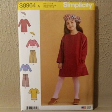 SIMPLICITY S8964 GIRL'S SIZE 3-8 DRESSES or TOPS. PANTS, HAT SEWING PATTERN New