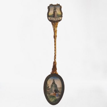 ANTIQUE MOCKBA Russia Gold Tone Souvenir Collection Spoon Enamel Design 5"