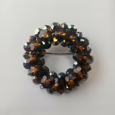 Vintage Brown Gold Aurora Borealis Cut Glass Bead Crystal Cluster Pin Brooch