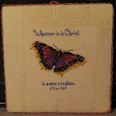 Hand Embroidered Cross Stitch Butterfly Scripture Quote Christ Religious Hanging