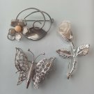 Flower Butterfly Lot Brooch Monet & Others Pins Bulk Silvertone Vintage Assorted