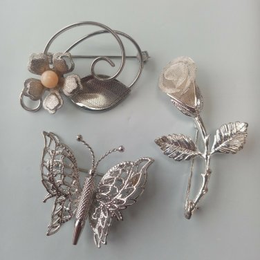 Flower Butterfly Lot Brooch Monet & Others Pins Bulk Silvertone Vintage Assorted