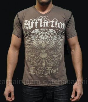 Affliction Solvent Script Fedor XL V-Neck Tee SS T-Shirt NWT Eagle Brown X-Large Stiched