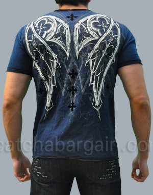 Affliction Spiker Twist Reversible Tee M SS T-Shirt Blue NWT MMA UFC Flocking