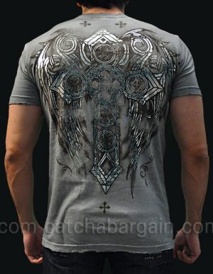 Affliction Synthesis Tee L SS T-Shirt Gray NWT MMA UFC Silver Foil