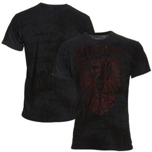 Affliction Clutch Falcon Tee Medium SS T-Shirt Black NWT MMA UFC Leather Appliques with Red Stiching