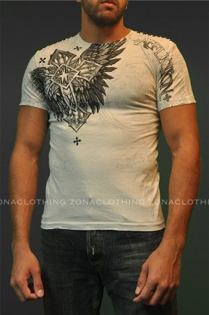 Affliction Kerio White Tee S SS T-Shirt White NWT MMA UFC Flocking Design