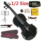 Rugeri 1/2 Size Black Violin+Case+Bow+2Sets String,2Bridges,Shoulder Rest,Mute,Rosin,Tuner,Stand