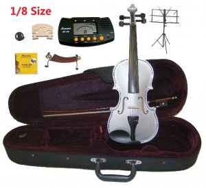 Rugeri 1/8 Size Silver Violin+Case+Bow+2Sets String,2Bridges,Shoulder Rest,Mute,Rosin,Tuner,Stand