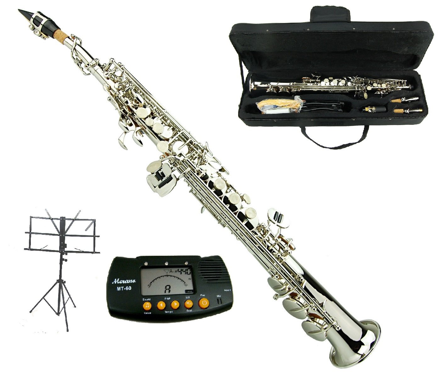 B Flat Silver Soprano Saxophone with Case,Music Stand,Metro Tuner