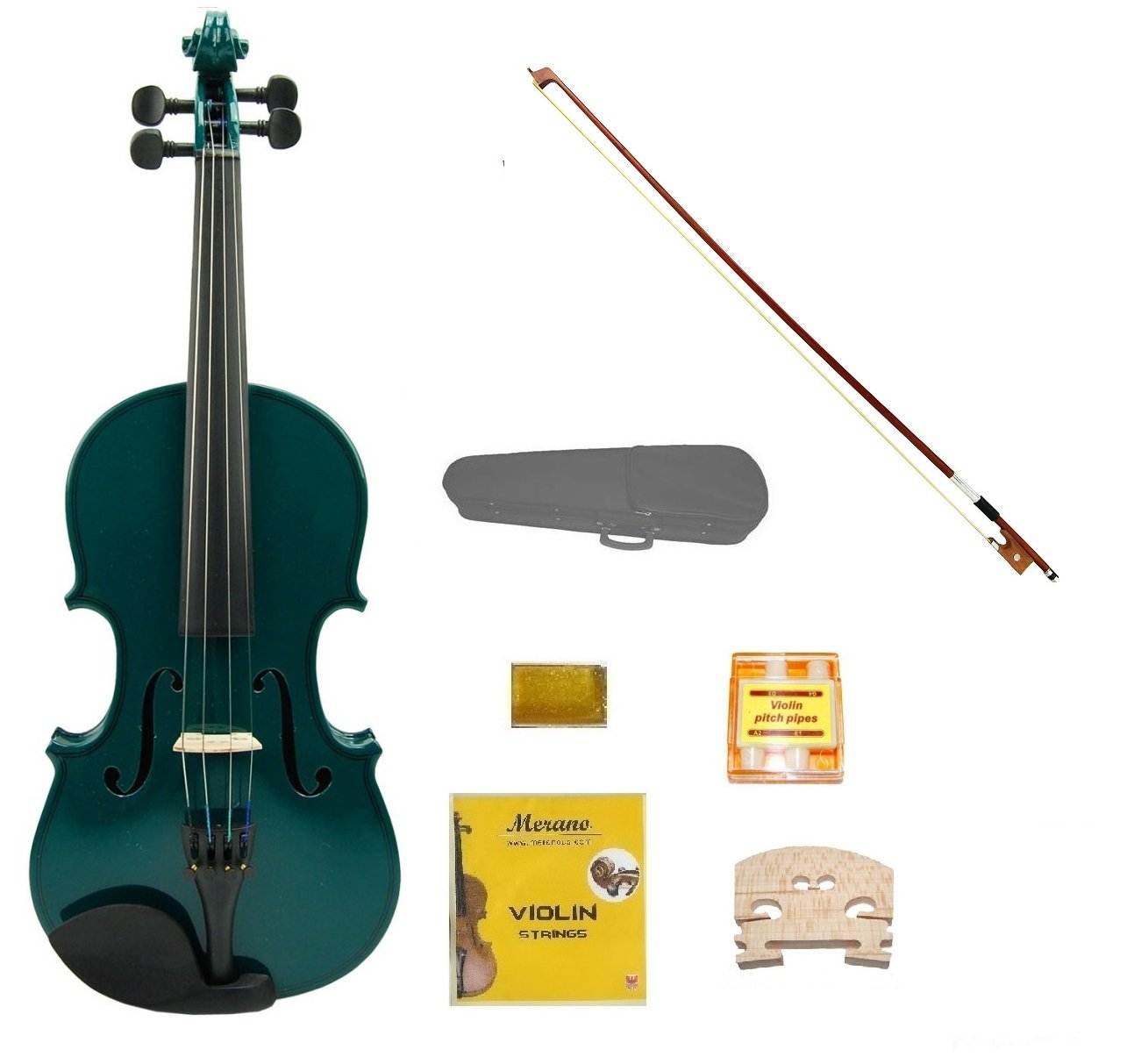 Merano 1/16 Size Green Acoustic Violin,Case,Bow+Rosin+2 Sets of Strings+2 Bridges+Pitch Pipe