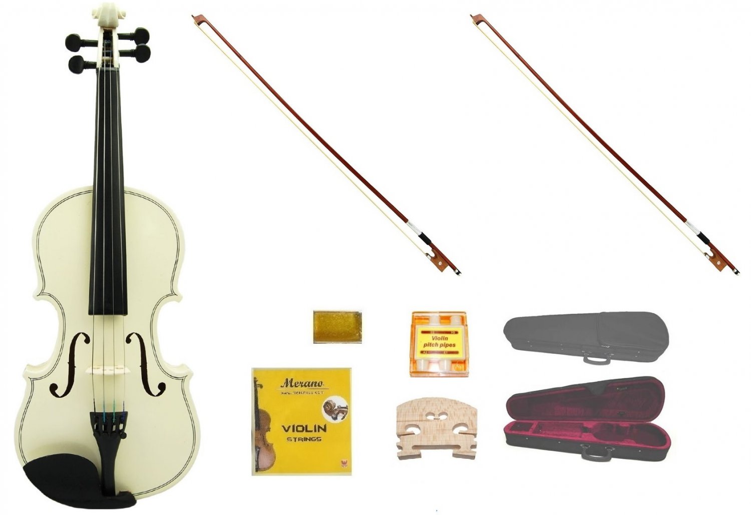 Merano 1/8 Size White Violin,Case,2 Bows+Rosin+2 Sets of Strings+2 Bridges+Tuner
