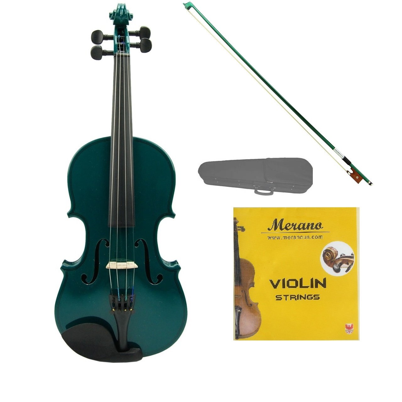 1/8 Size Green Acoustic Violin, Green Bow+Case+Bridge+Rosin+2 Sets of