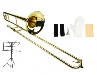 B Flat Gold Slide Trombone with Case+Free Music Stand