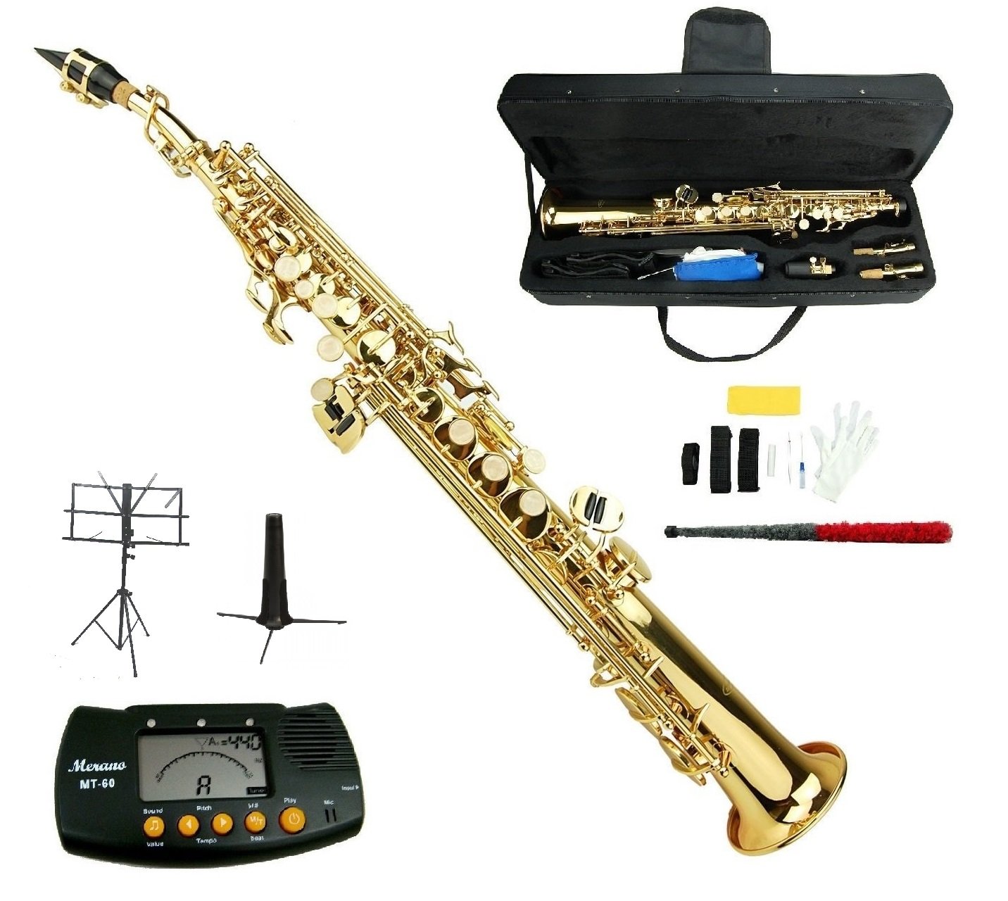B Flat Gold Soprano Saxophone with Case,Soprano Saxophone Stand,Metro