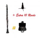 BLACK CLARINET WITH CASE, STAND, EXTRA REEDS