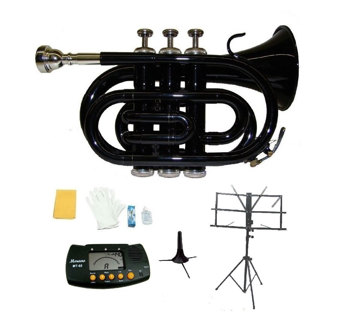 B Flat Black Brass Pocket Trumpet,Case+Stand+Metro Tuner+Black Music Stand