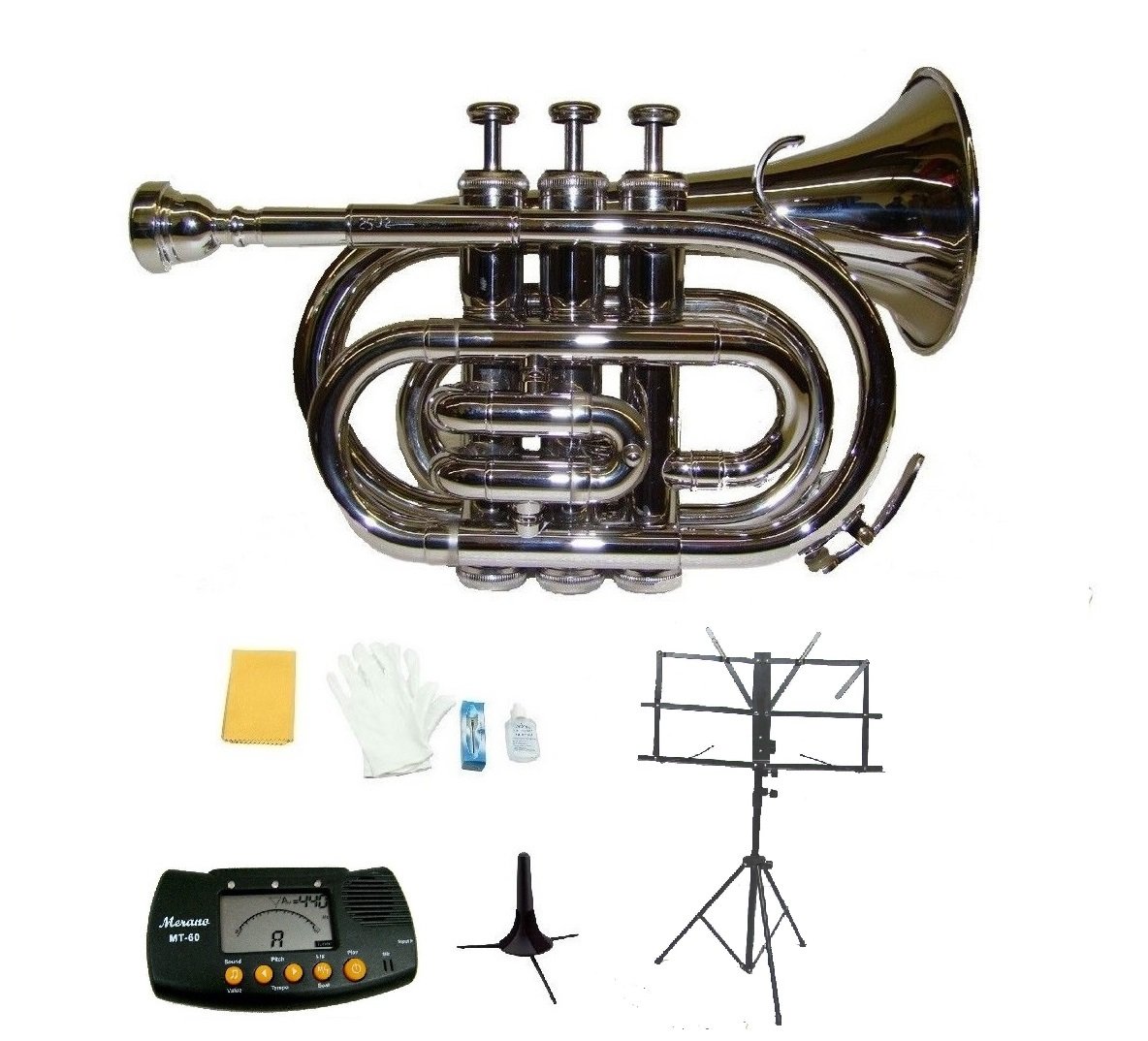 B Flat Silver Brass Pocket Trumpet,Case+Stand+Metro Tuner+Music Stand