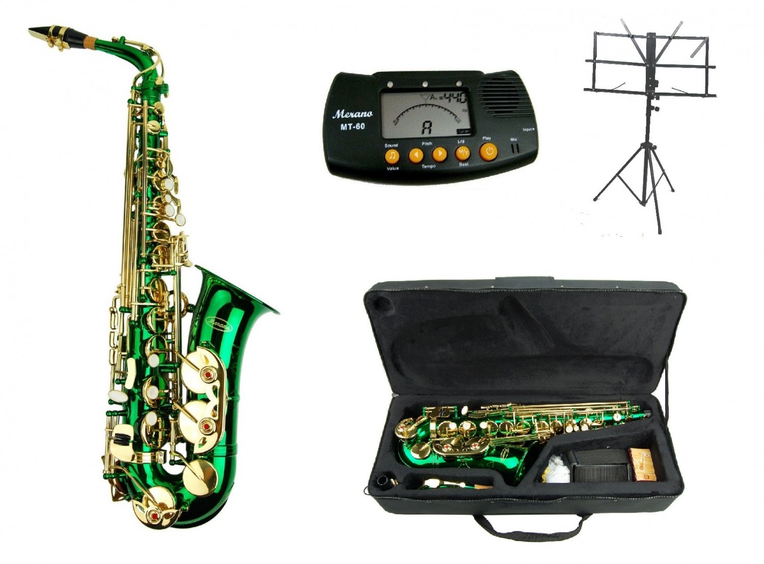 Merano E Flat Green Gold Alto Saxophone With Case Metro Tuner Music Stand