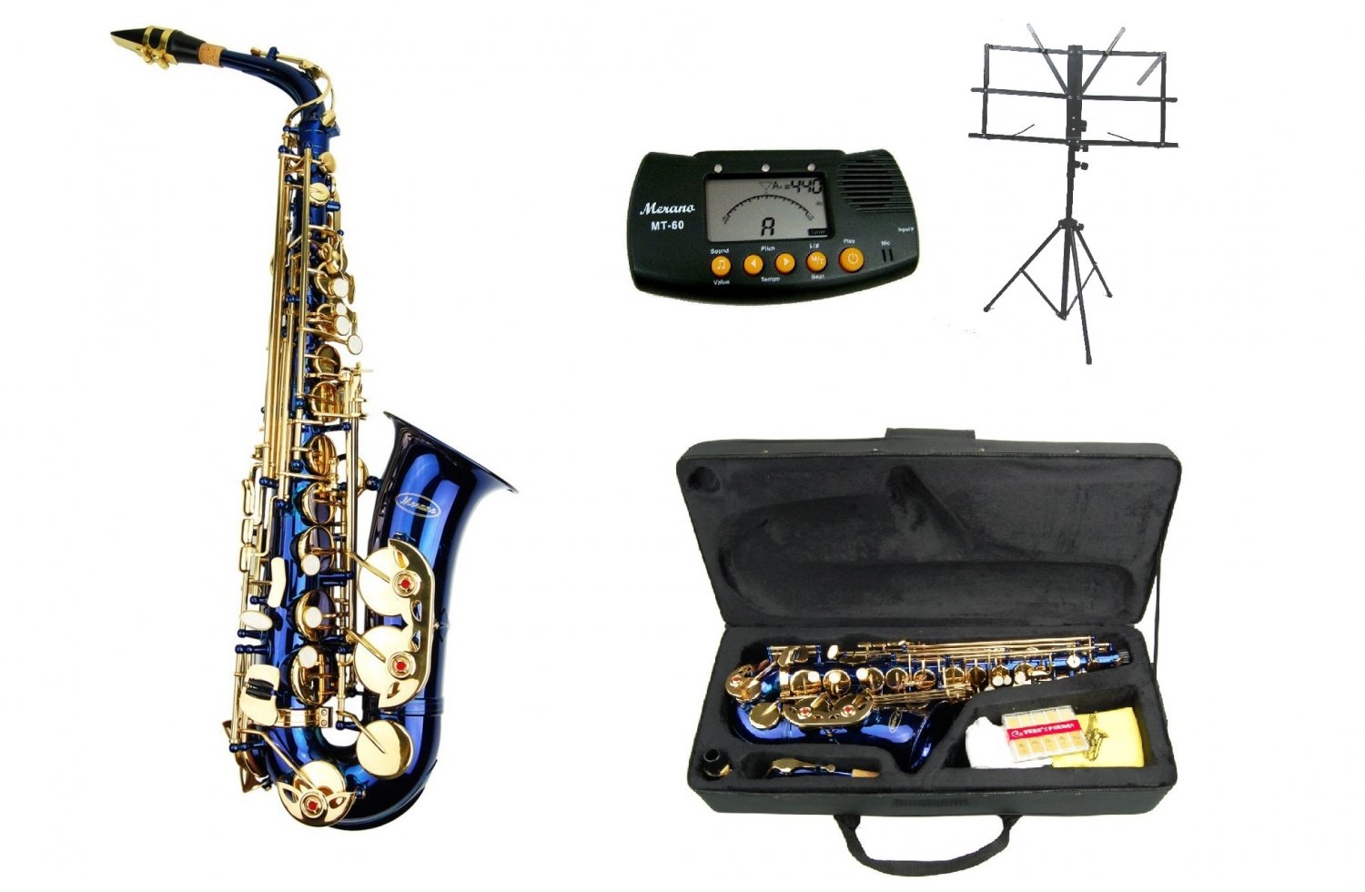 E Flat Blue Alto Saxophone With Case Metro Tuner Music Stand