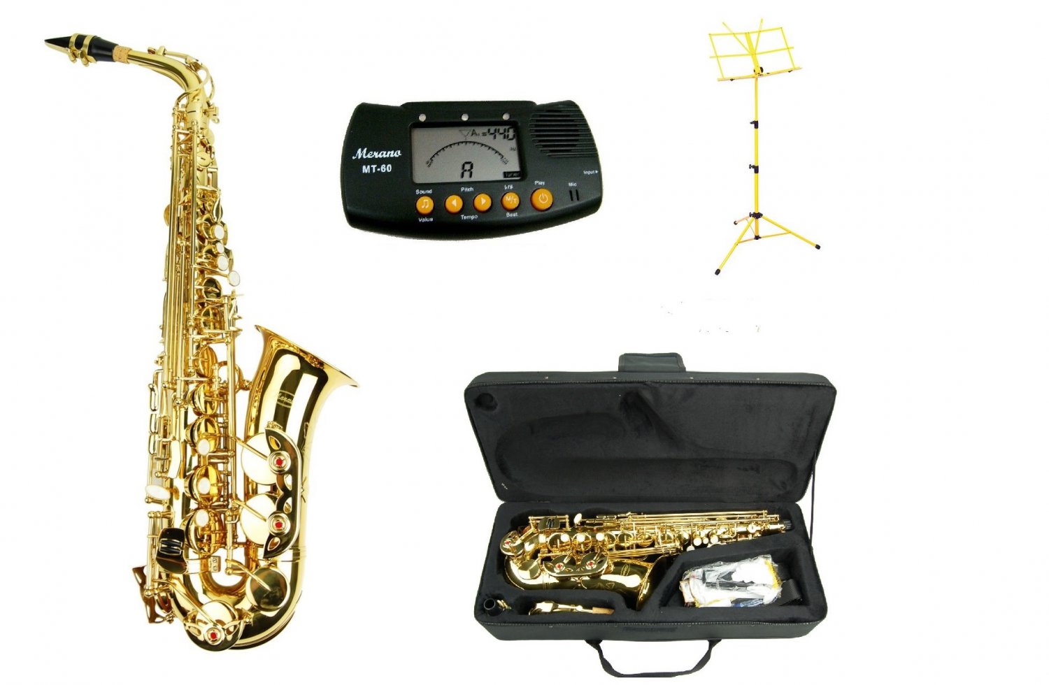 Merano E Flat Gold Alto Saxophone With Case Metro Tuner Yellow Music Stand