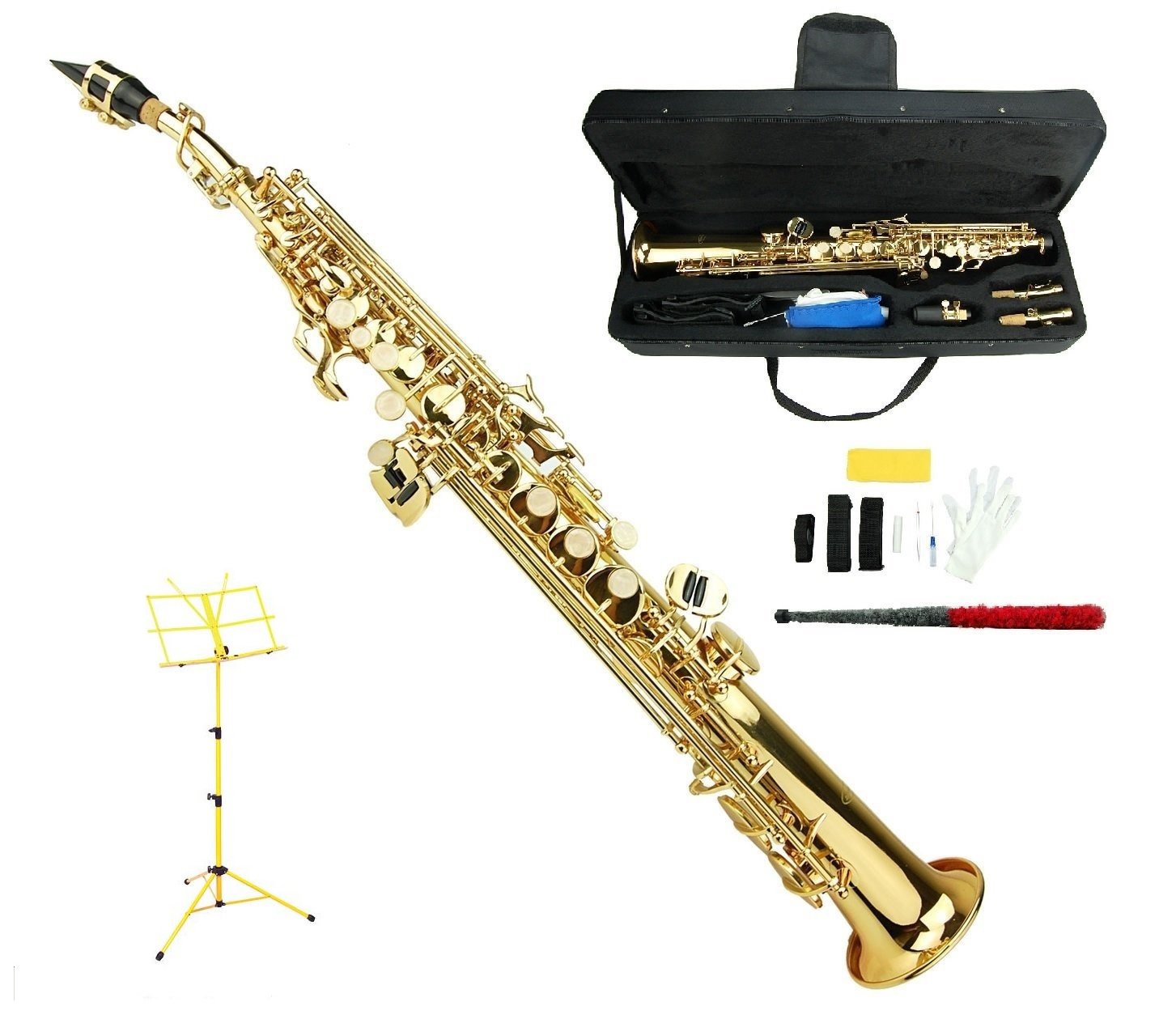 B Flat Gold Soprano Saxophone with Case,Yellow Music Stand