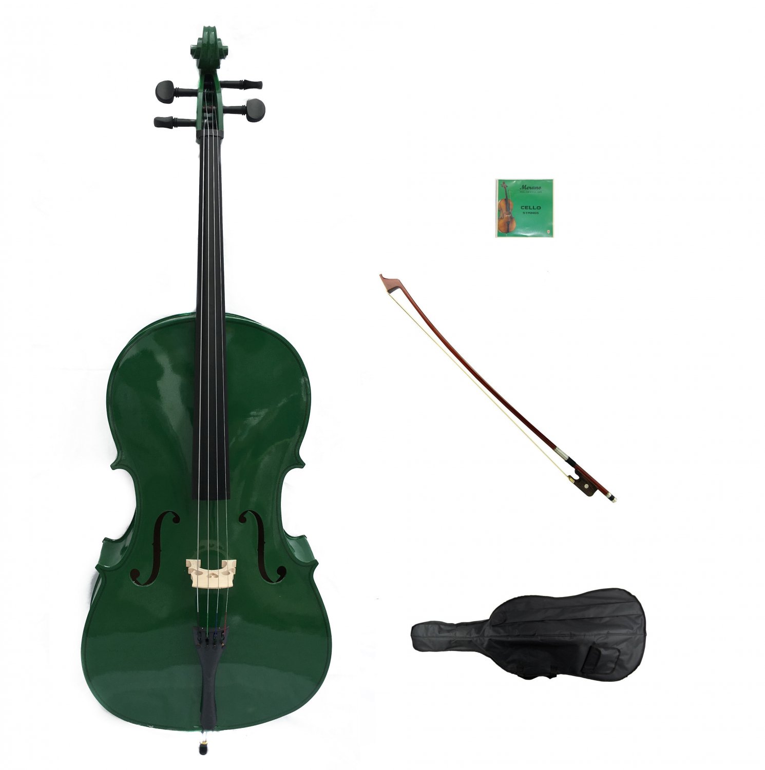 Merano 1/2 Size Green Cello with Bag and Bow + 2 Sets of Strings + Rosin