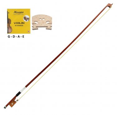 4/4 Size Violin Bow for Student, Beginner, Replacement + Free Set of Strings + Bridge