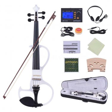 4/4 Size White Electric Silent Violin Set Practicing Performing w/ Case Kit for Gift