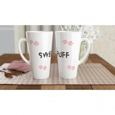 New Lovely Sweet Puff Beautiful Ceramic Latte Mug 17oz w/Animal Signature Prints- White and Pink