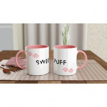 New Lovely Sweet Puff Beautiful Ceramic Mug 11oz w/Animal Signature Prints- White and Pink