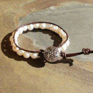 Cultured Freshwater Pearl Beaded Leather Wrap Bracelet