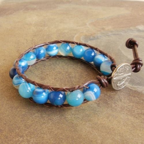 Blue Onyx Agate Beaded Gemstone Leather Wrap Bracelet