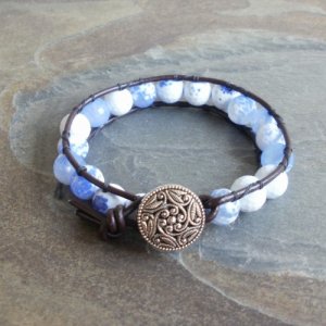 Faceted Blue Agate Beaded Leather Wrap Bracelet