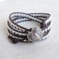 Silver Beaded Leather Wrap Bracelet with Heart - RESERVED