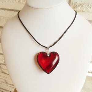 Ruby Red Glass Heart Pendant Leather Necklace