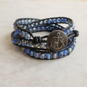 Frosty Blue and Silver Beaded Leather 3 Wrap Bracelet