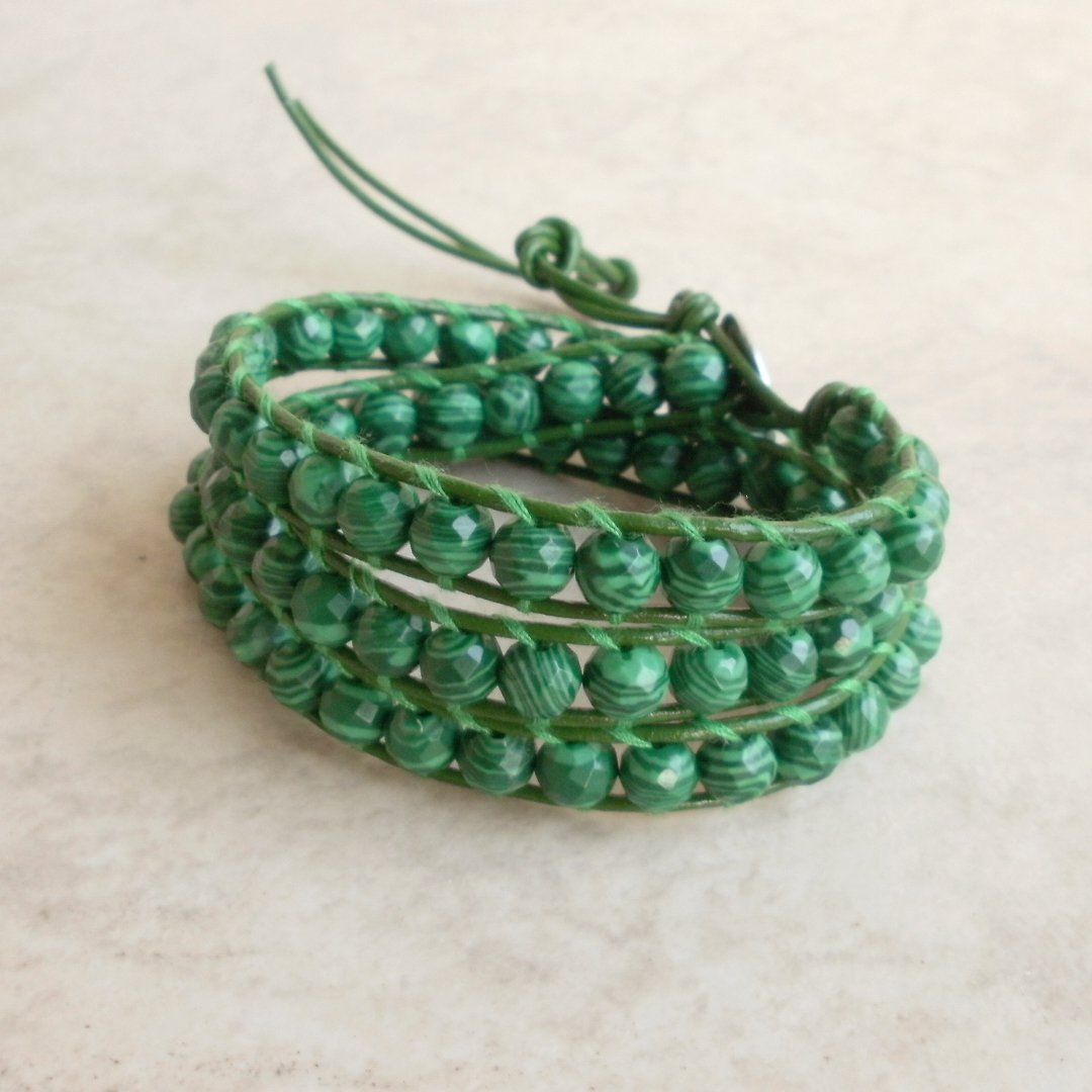 Malachite Beaded Stack Triple Wrap Leather Bracelet