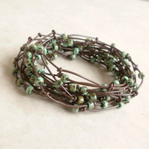 Green Turquoise Seed Beaded Birds Nest Leather Wrap Bracelet