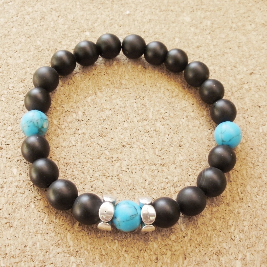Mens Frosted Onyx and Turquoise Gemstone Beaded Bracelet