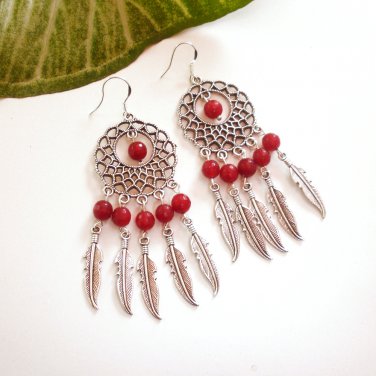 Silver Dreamcatcher Chandelier Dangle Earrings Red Agate