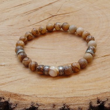 Mens Picture Jasper and Mother of Pearl Gemstone Bracelet