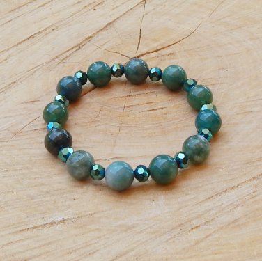 Green Moss Agate and Crystal Bracelet